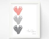Gift for New Grandma - Baby Footprint Hearts, Dusty Pink, Gray  - First Mother's Day Gift - Personalized Gift New Mom, Grandmother
