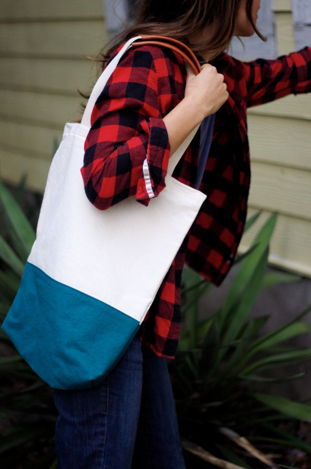 Leather, Canvas, and Linen Tote - Natural & Teal