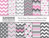 INSTANT DOWNLOAD - 12 Digital Papers Pink & Grey Chevron and Pattern Pack - polka dot chevron stripes for scrapbooking, backgrounds, paper Il_170x135