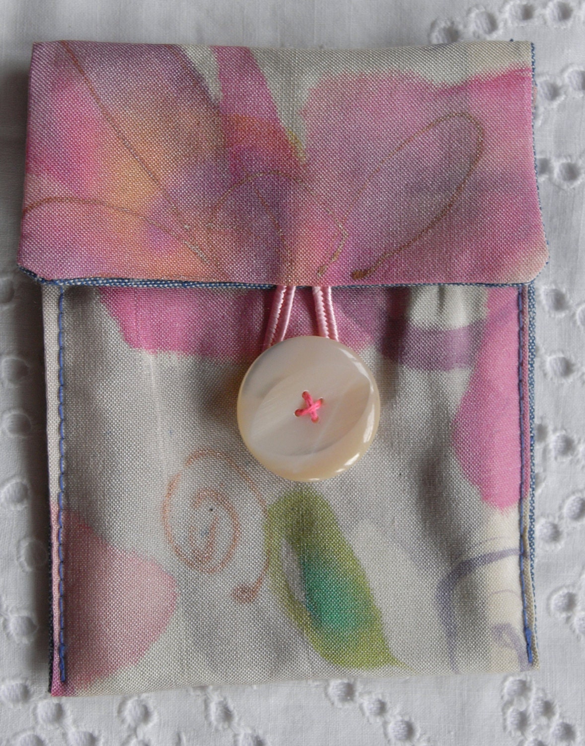 handpainted vintage  spun silk fabric purse pouch wallet floral pink mauve green business card holder