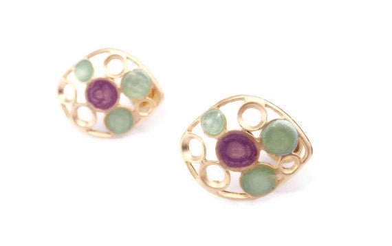 gold studs earrings hand painted in turquoise and lavender