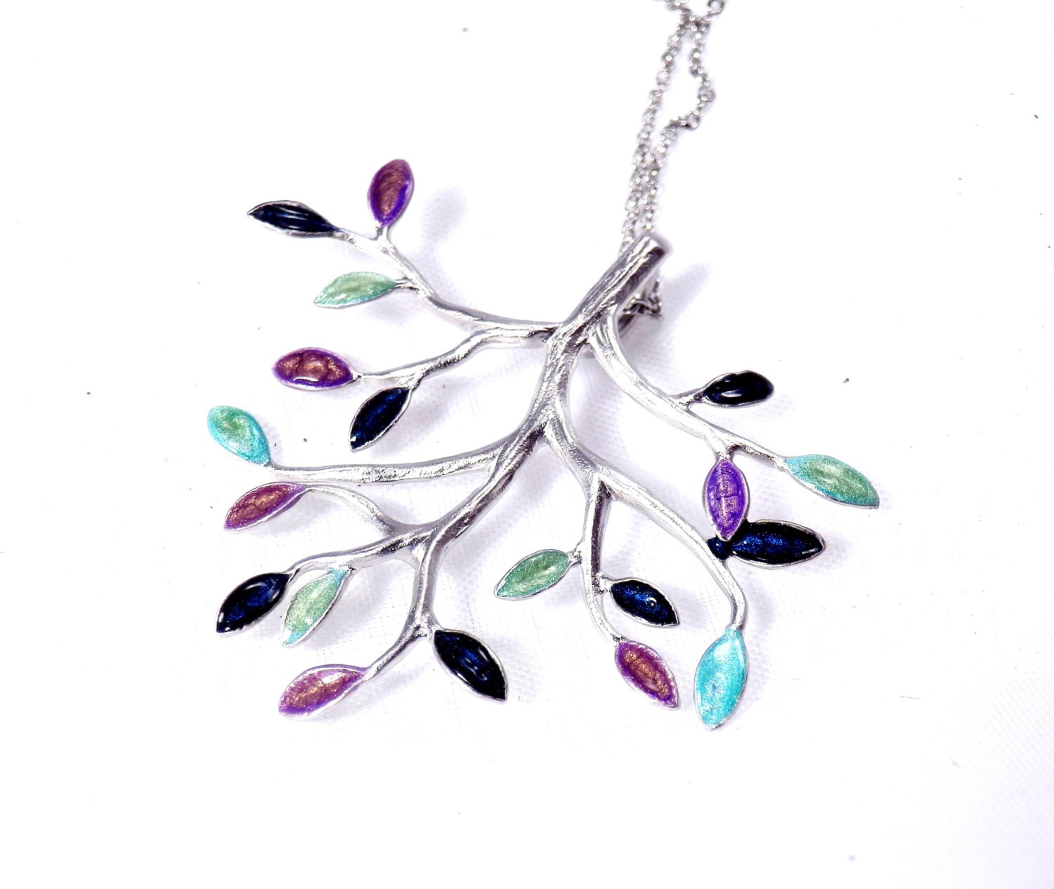 Silver Plated Branch Necklace with Purple, Blue and Turquoise Hand Painted Leaves