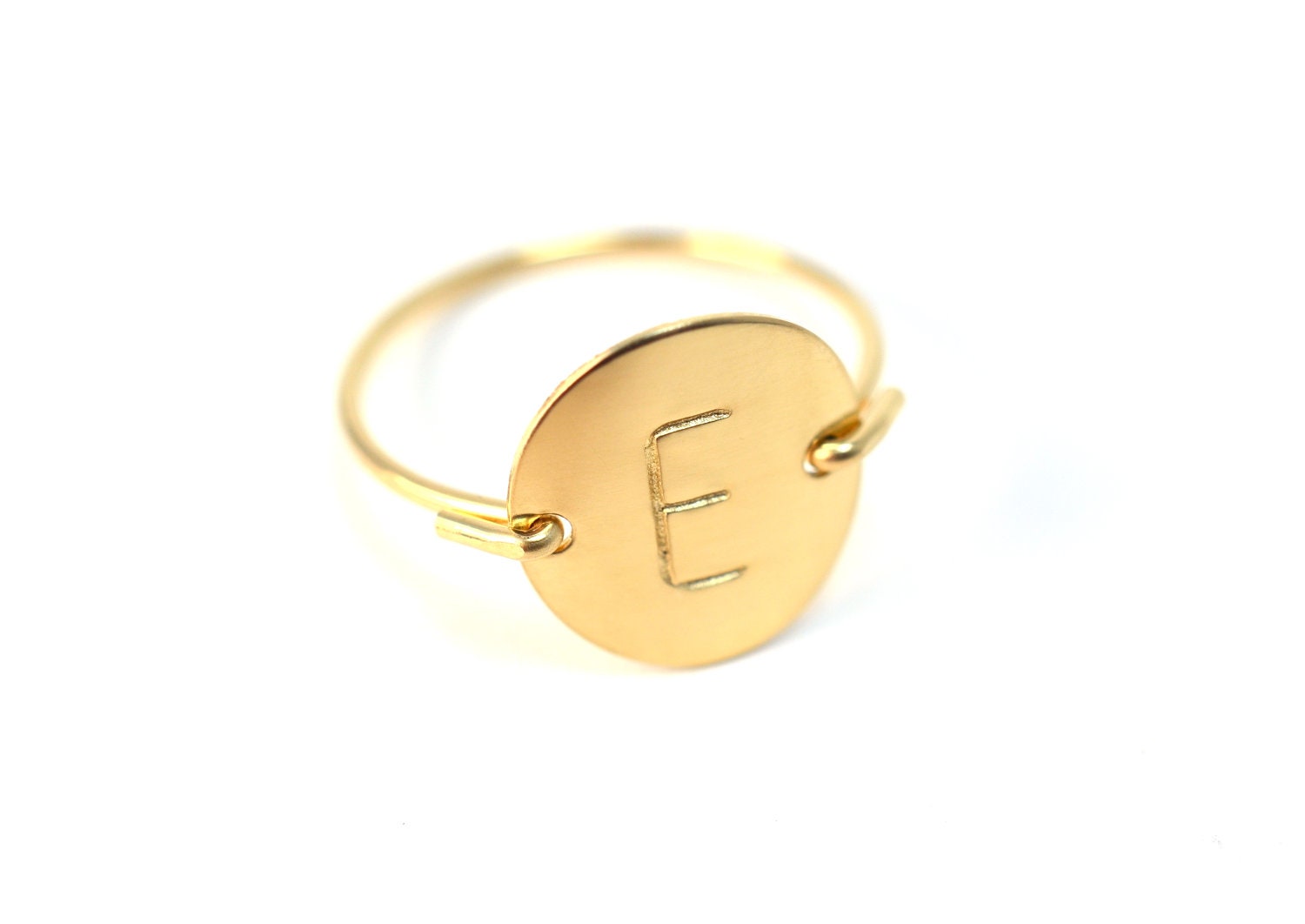 Personalized Custom Letter Initial Monogram Stamped Hammered Engraved Round Circle Disk Charm Signet Gold Menswear Ring Jewelry Valentine