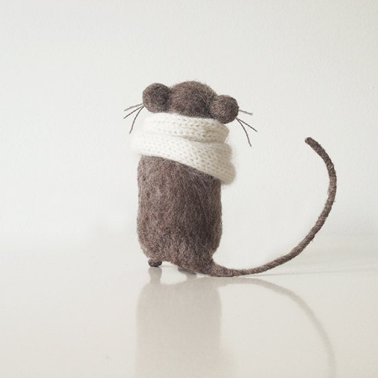 Gray mouse in white knitted scarf, domisticated little friend, playful and loving rodent pet handmade from organic wool - forestbluefactory