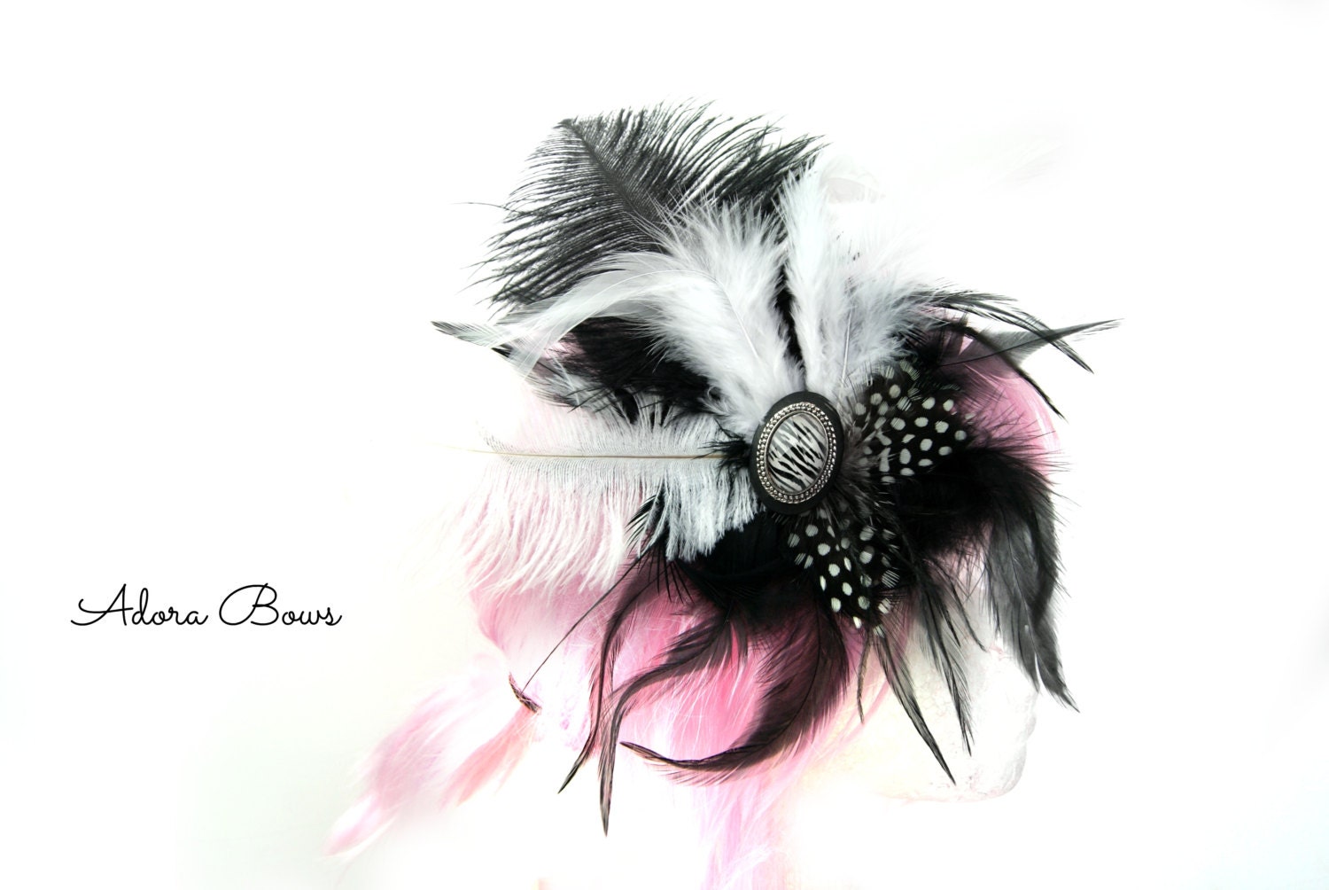 Black and white ostrich rooster and guinea feather fascinator with zebra stone center handmade photo prop wedding party