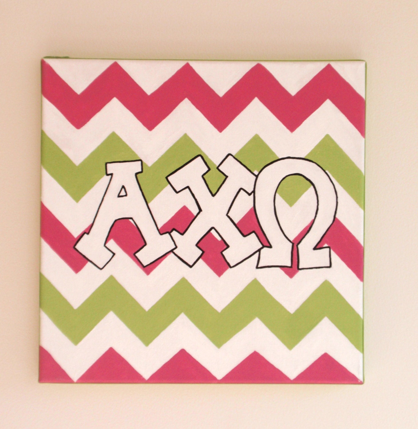 hand painted Alpha Chi Omega letters outline with chevron background 12x12 canvas OFFICIAL LICENSED PRODUCT