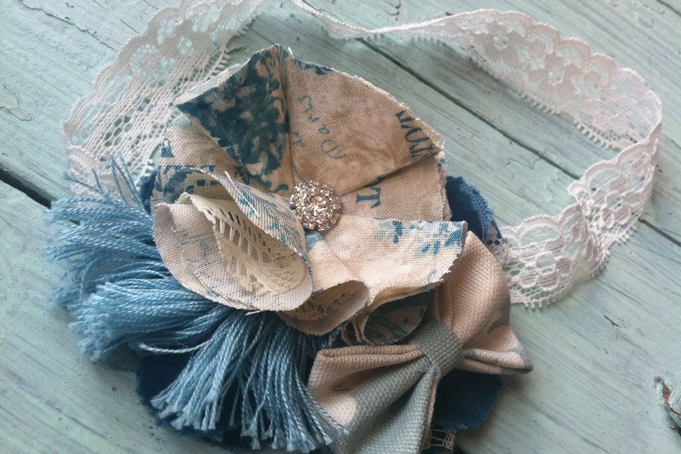 Shabby Chic French Inspired Fabric Flowers, Brooch, Headband, Hair Clip, Aqua & Ivory, Hair Accessory, Hair Bow, Fabric Flower Headband