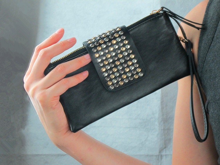 Zip Clutch Bag Wristlet - Faux Leather - Black with Rivets Stud & magnet button - Women - Handmade Bags Purse Wallet Handbag