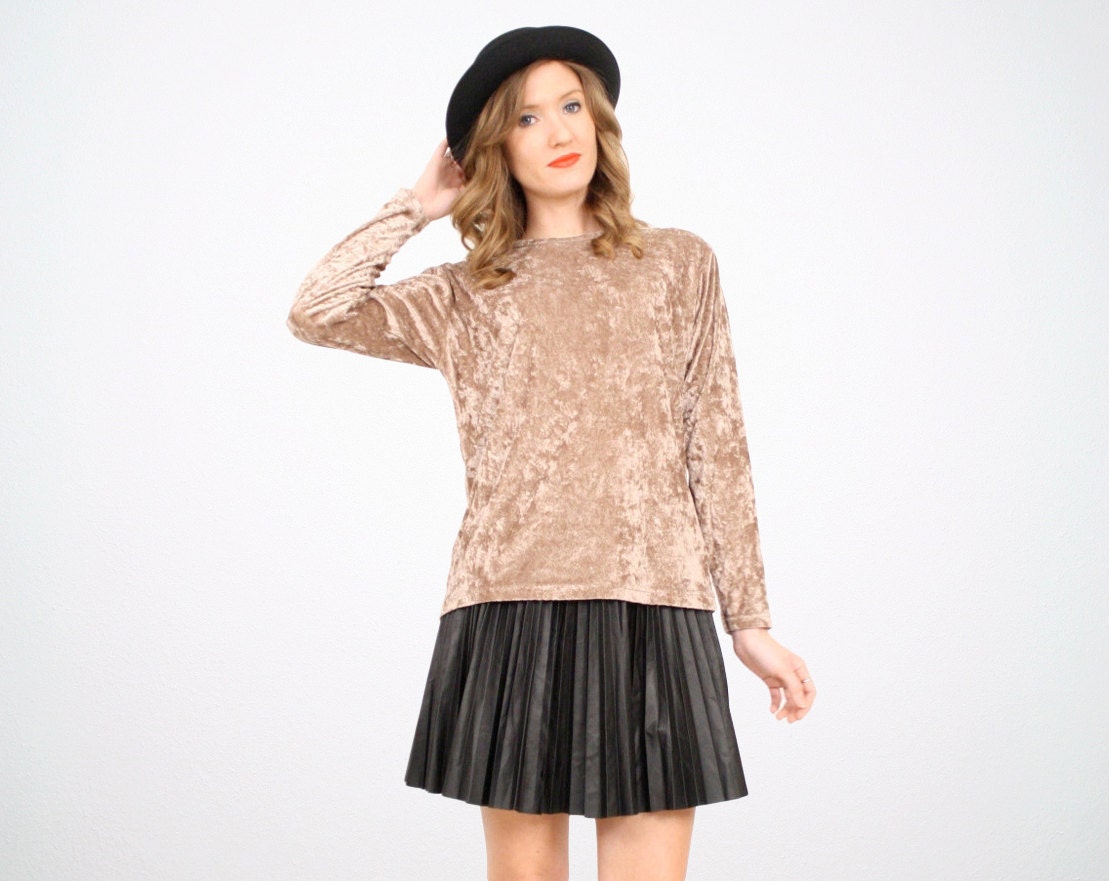 Vintage M L Tan Gold Beige Crushed Velour Velvet Long Sleeve Grunge Shirt Top