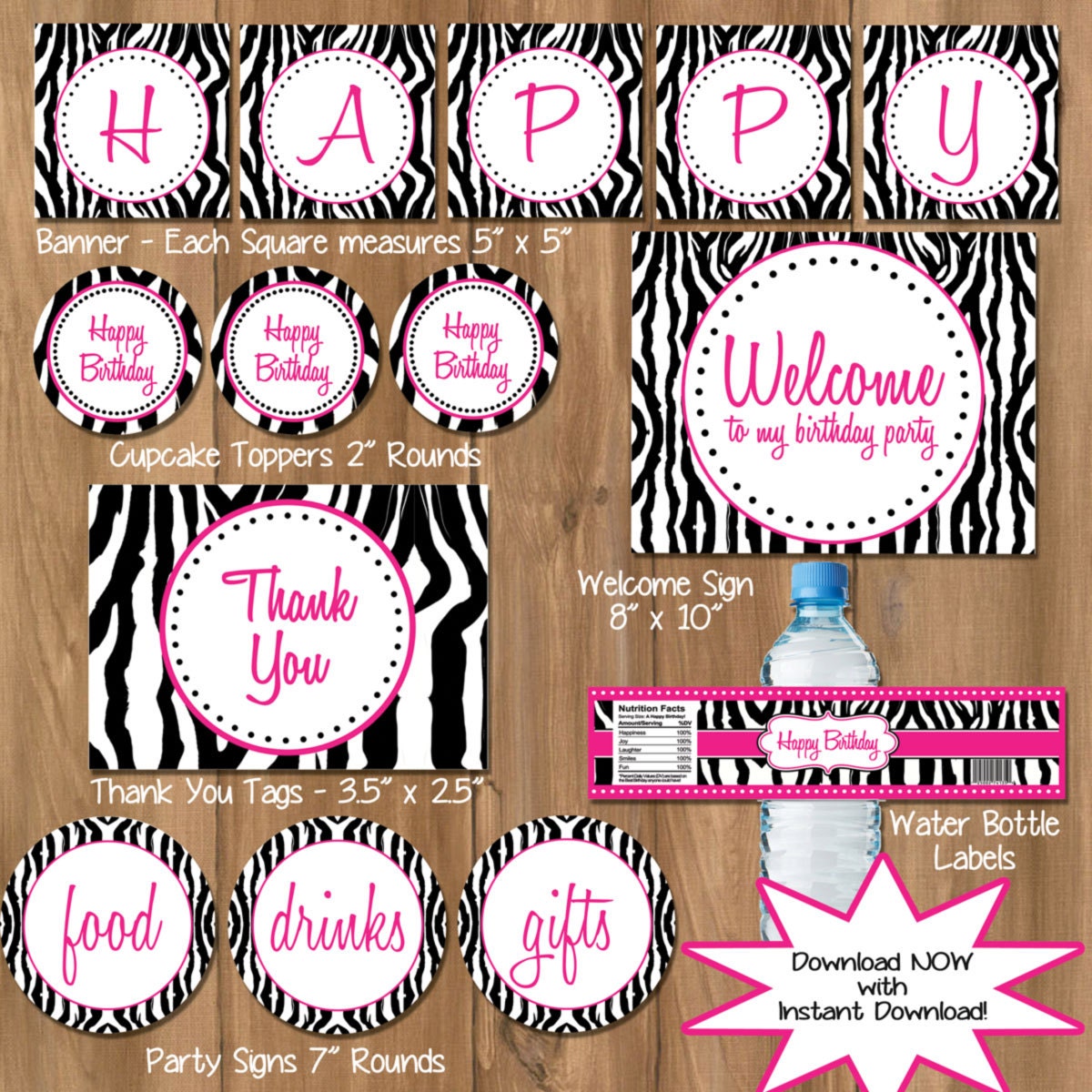 INSTANT DOWNLOAD - Zebra Birthday - Zebra Birthday Pack - Zebra Party - Zebra Party Printable - Zebra Printable