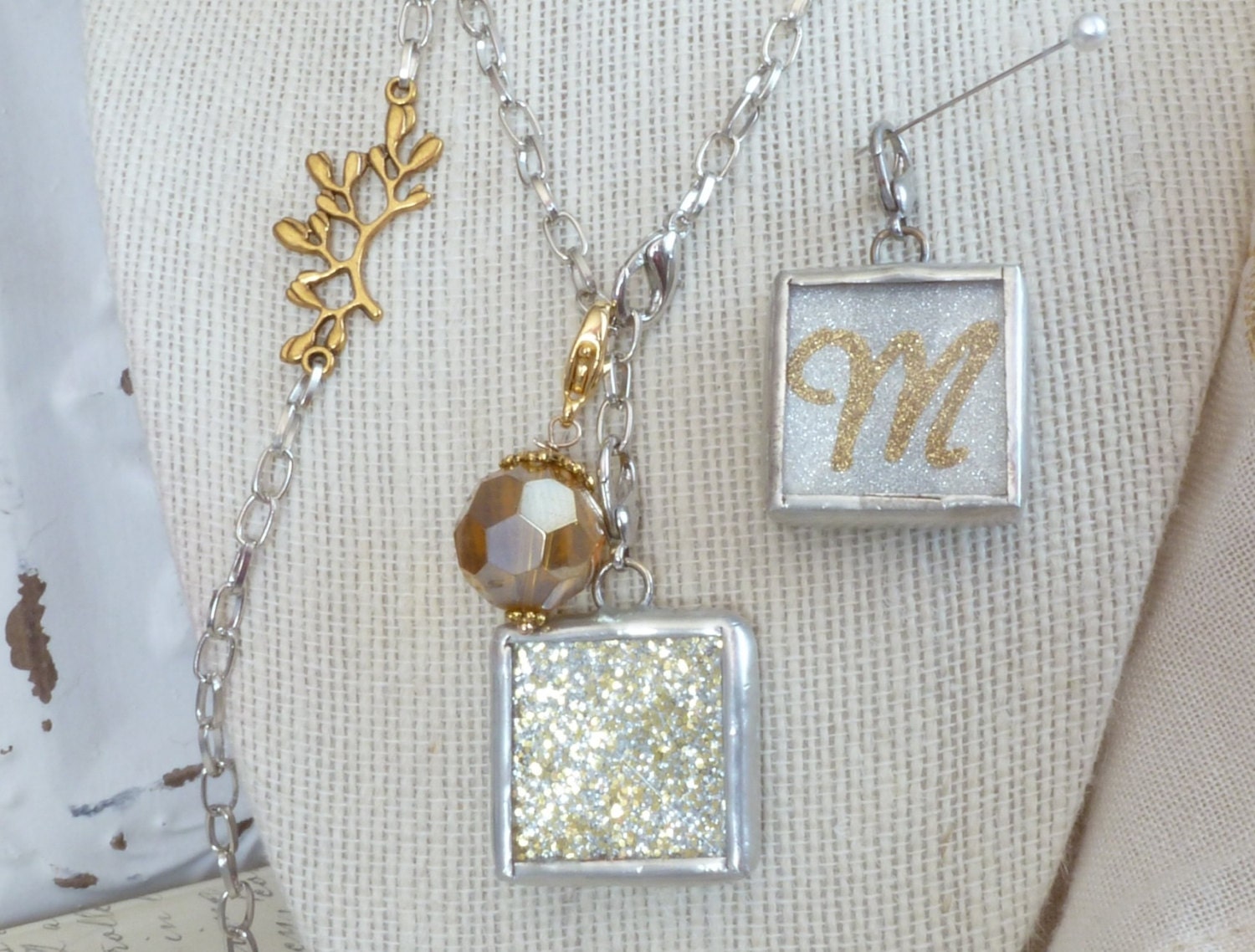 INITIAL LETTER M, SILVER, Soldered Pendant (Sm), Charm, & Necklace, Double Sided, Both Sides Shown, Glitter, Sparkle