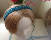 Rich Turquoise/ Teal Blue Satin Rose Buds Sash Belt with Metal Studs and Turquoise Lace Ties
