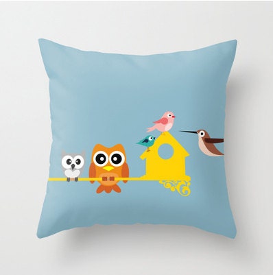 Owls and birds nursery pillow decorative throw pillows blue yellow pink pillow cover home decor ornament and decoration housewares