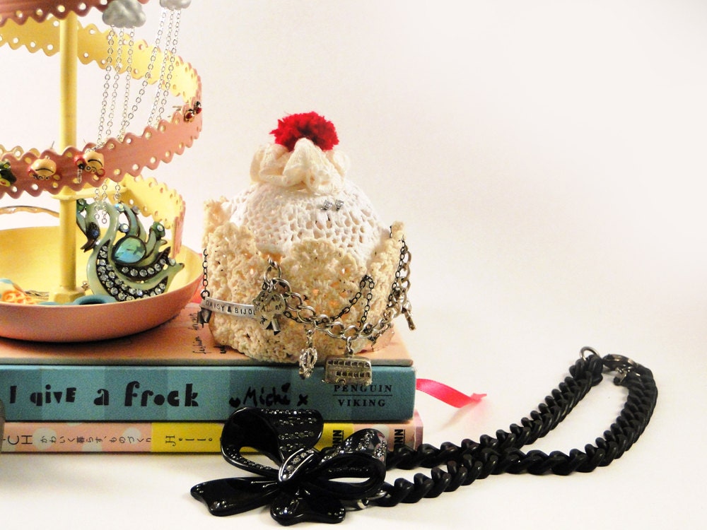 Lace Cupcake Jewelry Box with Secret Compartment- Quirky and Cute gift made with Lace, Doily & Pom Pom Cherry