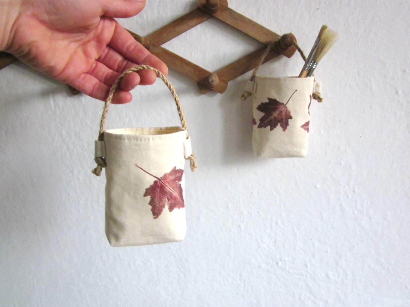 Handprinted cotton ,Fabric basket .wall hanging , Organizers , set of 2
