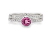 Pink Spinel and Diamond Engagement ring and Wedding Band set. Engagement ring with Wedding Enhancer. Palladium and Spinel Ring.