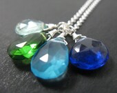 Gemstone Necklace, Aqua Quartz, Cobalt Quartz, Green Quartz, Caribbean Blue Quartz, Sterling Silver, Blue, Green, Gemstone Cluster Necklace