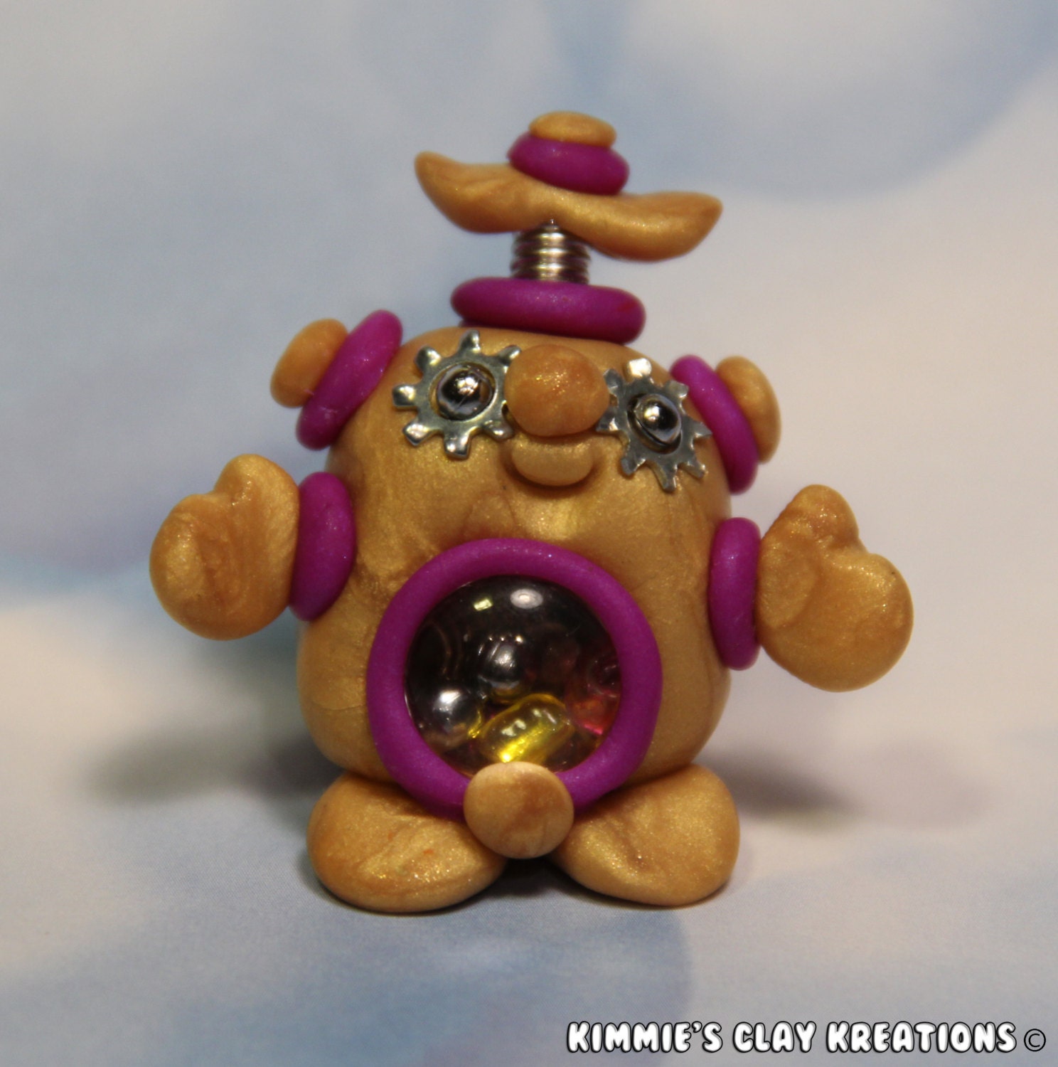 Polymer Clay Robot Baby Gold Purple Figurine - Miniature Whimsical Character Sculpture - BubbleBellyBotBaby
