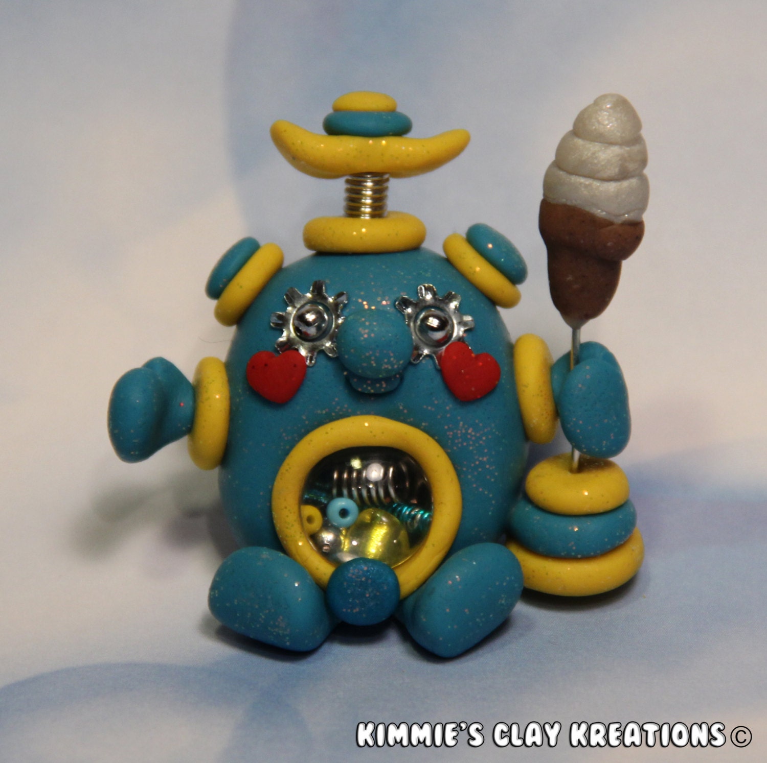 Polymer Clay Robot I Love Ice Cream Figurine - Miniature Whimsical Character Sculpture - BubbleBellyBotBaby