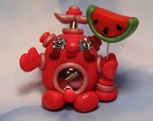 Polymer Clay Robot I Love Watermelon Figurine - Miniature Whimsical Character Sculpture - BubbleBellyBotBaby