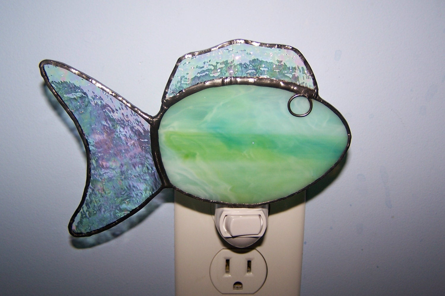 Stained glass nightlight - fish, sea foam green, yellow, aqua glass, ocean, shore, beach, seashore