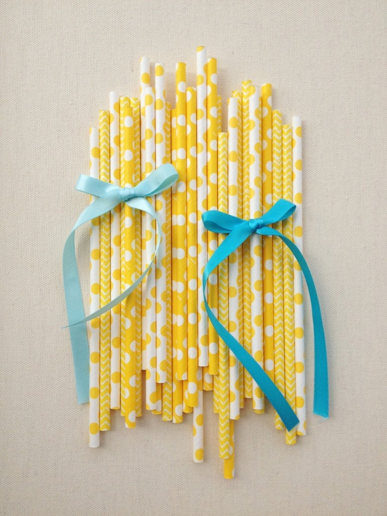 Ribbon Embellished Paper Straw yellow stripe yellow chevron yellow dot yellow zigzag