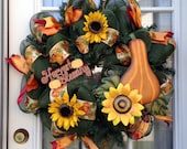 ON SALE Autumn Gourd & Sunflower Deco Mesh Wreath