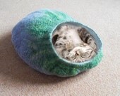 Cat Bed Cat Cave Cat House Grey and Green Felted Wool with FREE Cat Ball
