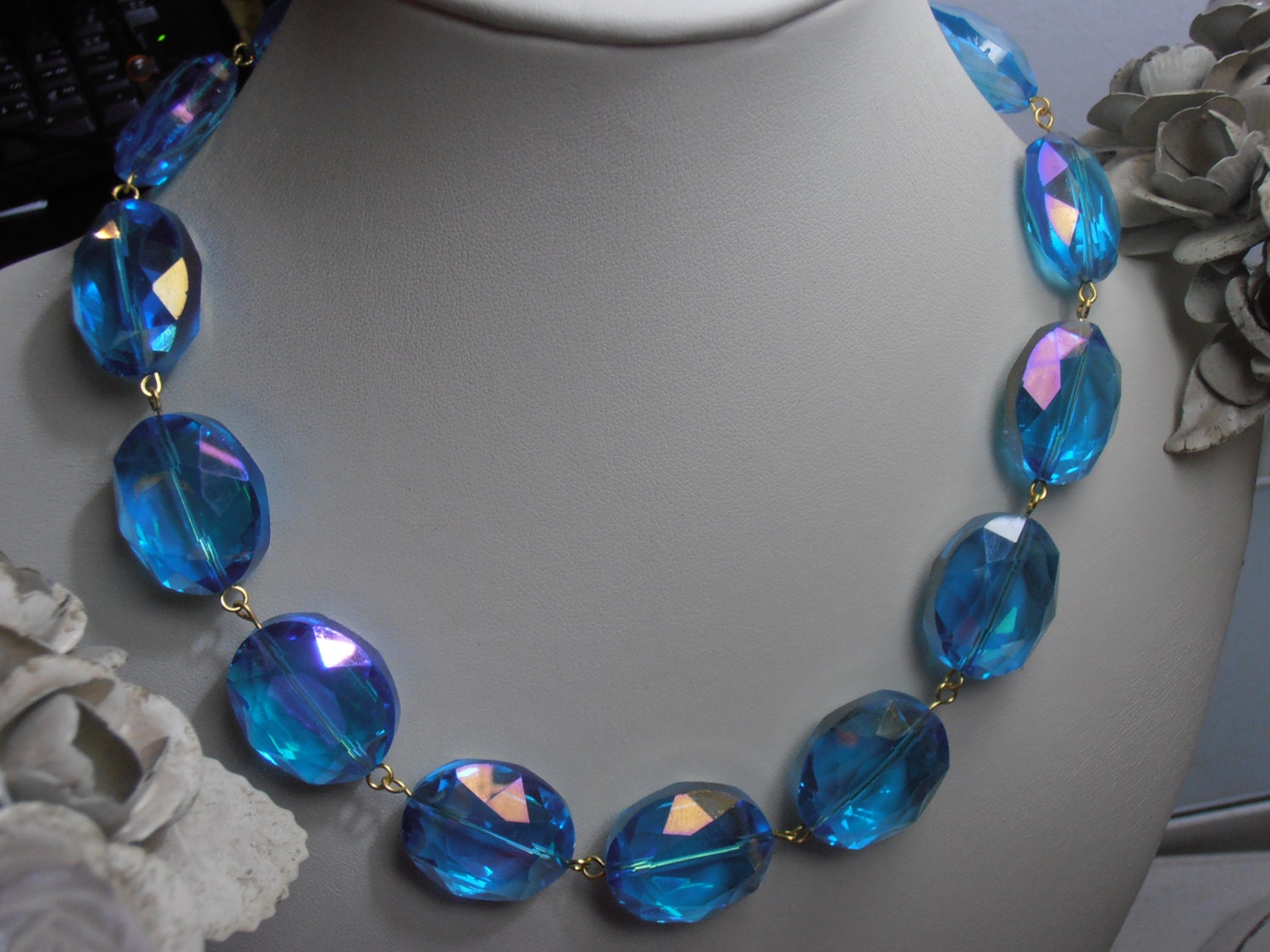 Aquamarine, Oval Glass, 20x20mm, Large Transparent, Oval stones with Gold chain, Gemstone necklace, Costume Jewelry