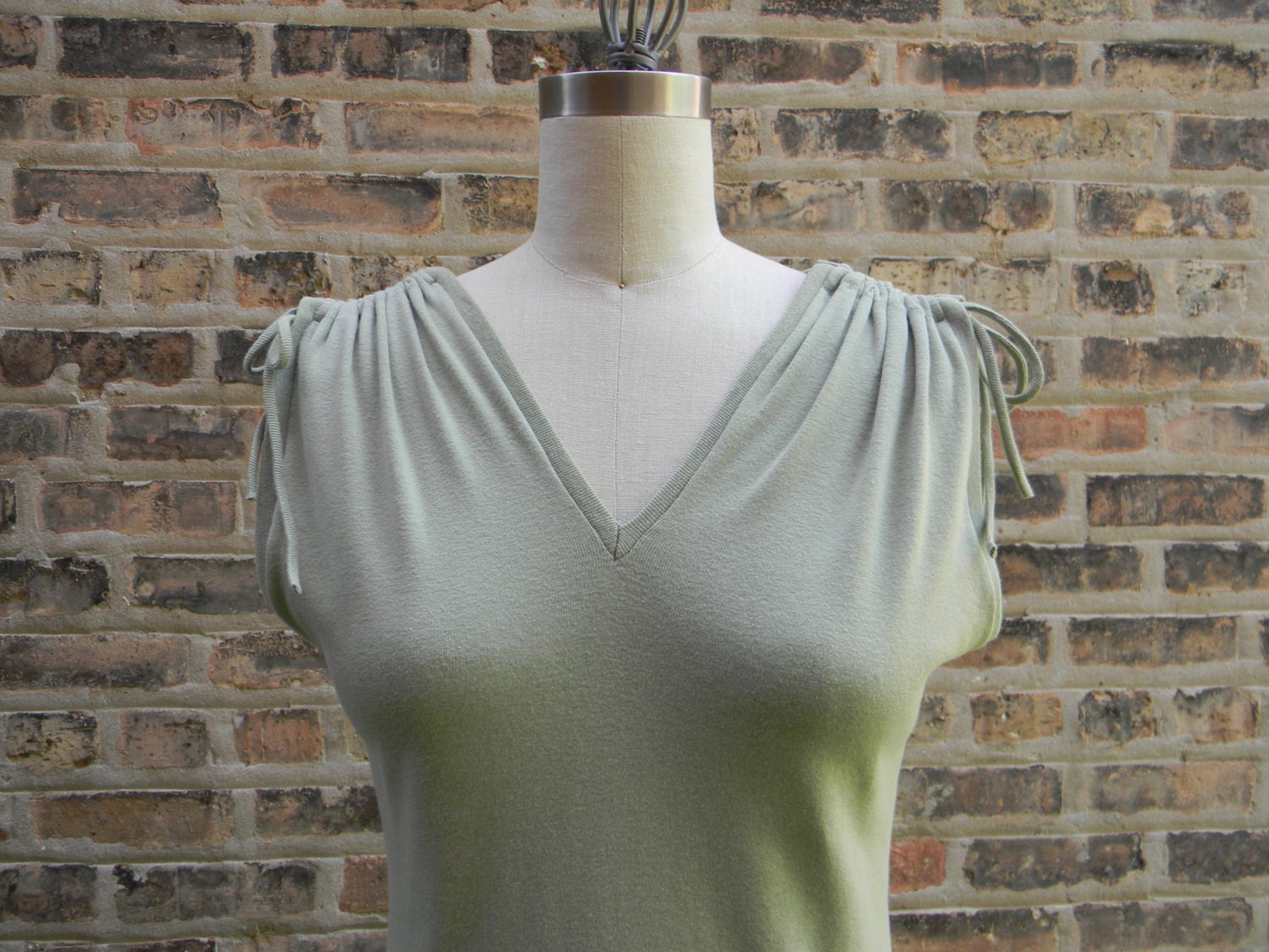 Womans V neck T- shirt in olive 100% cotton, soft, gathered shoulders