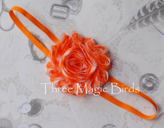Orange with White Check Headband, Shabby Chic Roses Headband, Skinny Headband, Baby-Toddler Headband, Photography Prop, Ready to Ship
