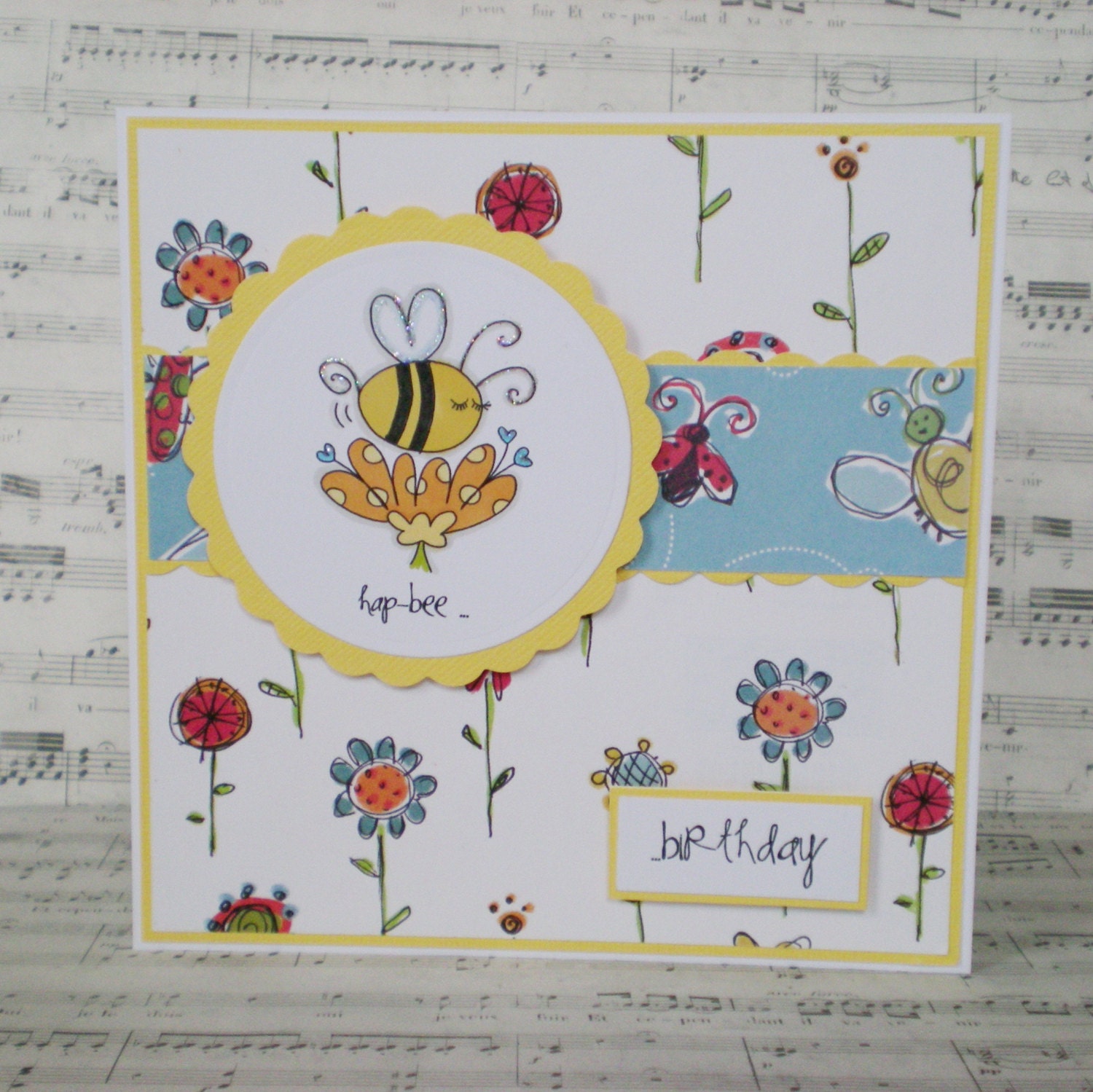 funny handcrafted birthday card, female, blank, cute, teen, garden, bee, card for her