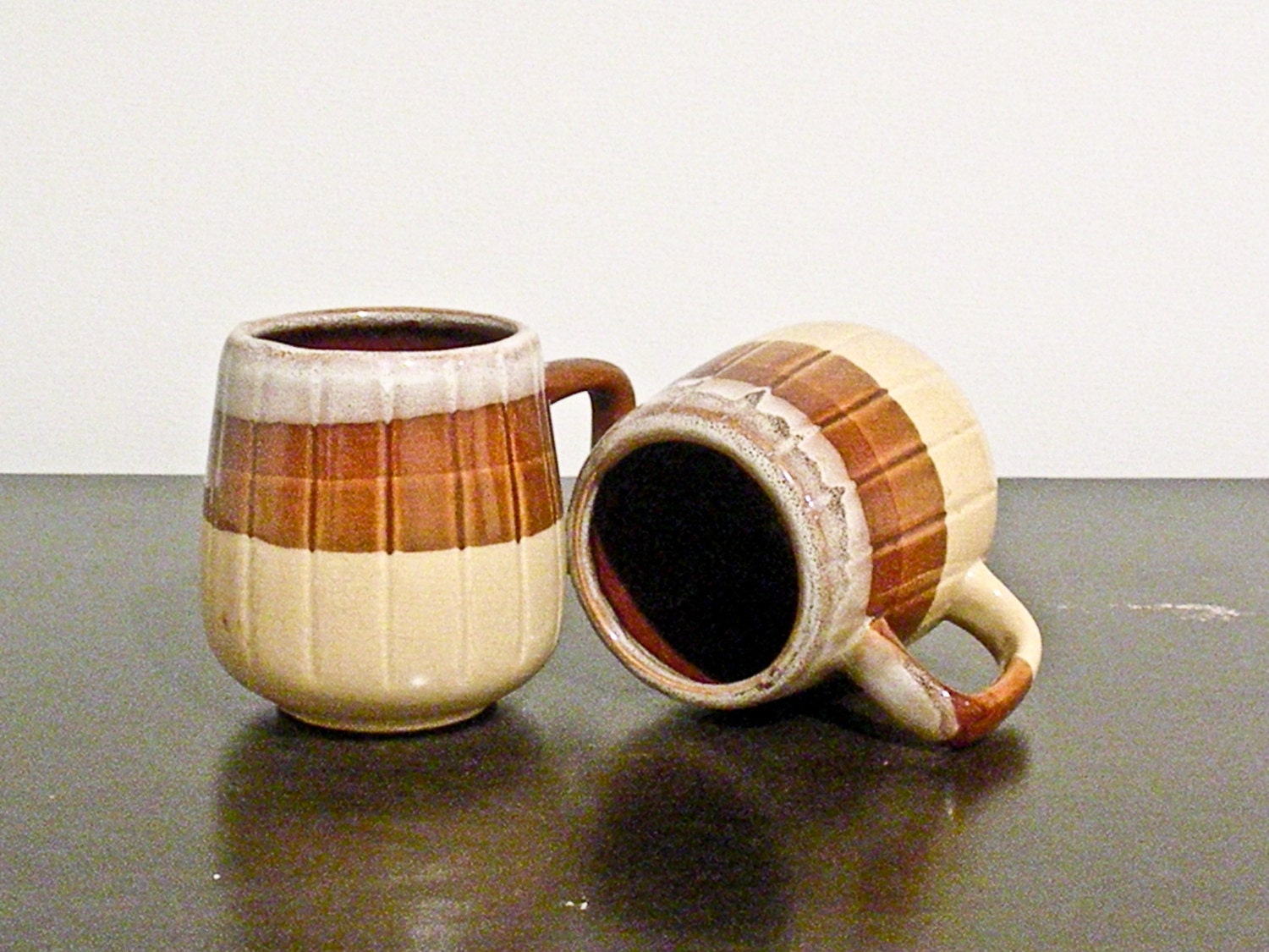 Set of Two Vintage Barrel Textured Mugs in Yellow, Brown, & Frosted White