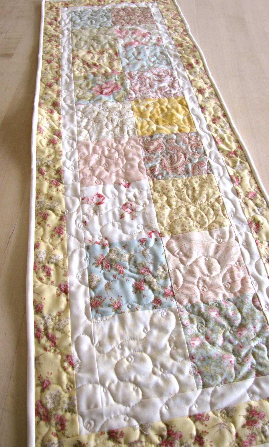 shabby chic decor, quilted table runner, french country home, featuring "Paris Flea Market" by Moda