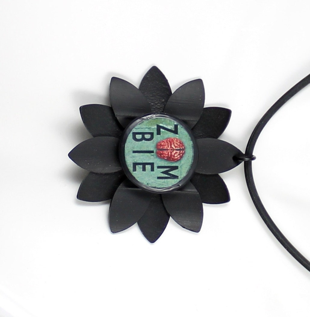 Recycled Bike Inner Tube Daisy Flower Necklace, Zombie Brain - Hangs on Rubber Cord - Upcycled Bike Jewelry, Zombie Jewelry