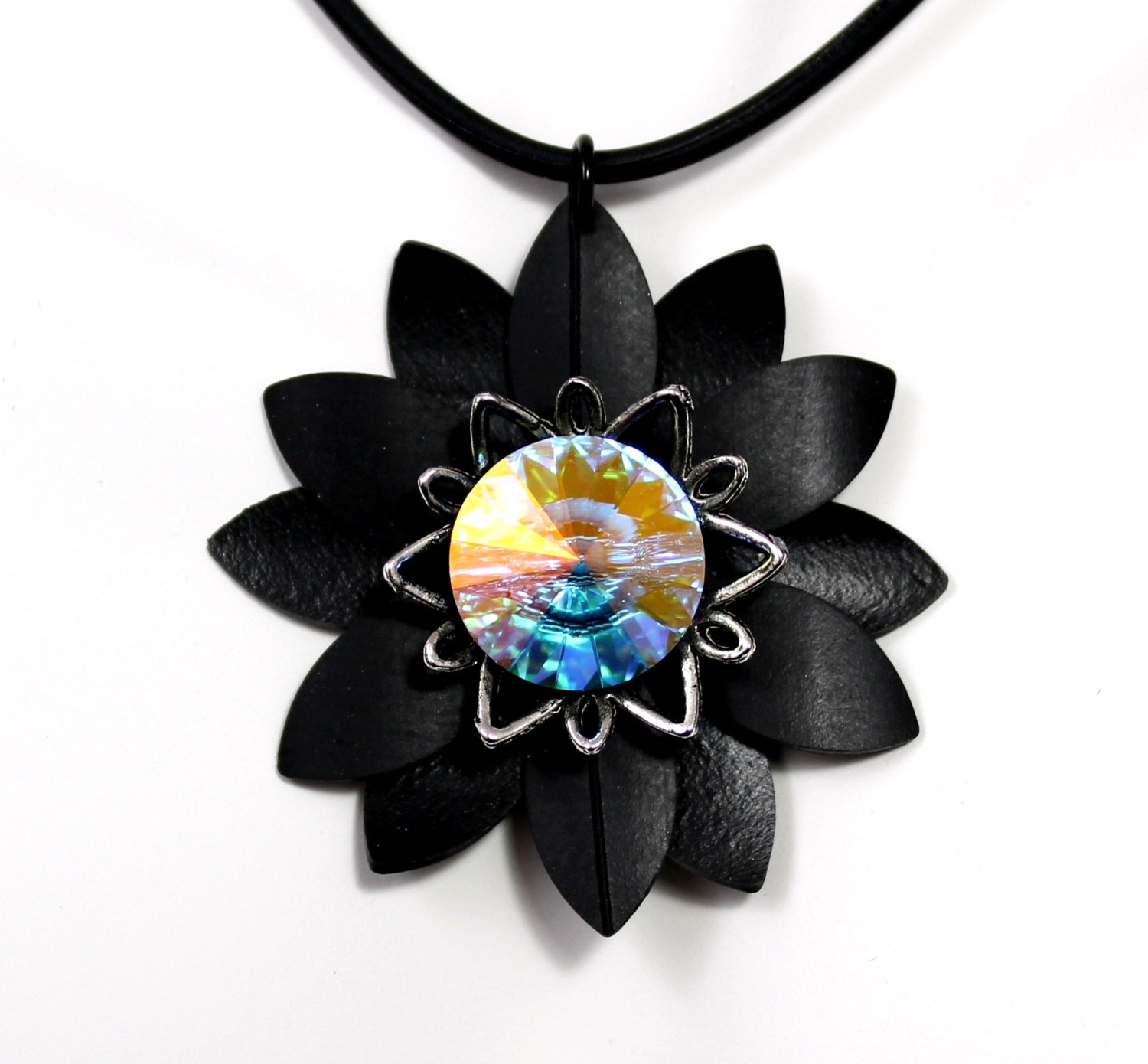 Recycled Bike Inner Tube Daisy Flower Necklace with Faceted Iridescent Swarovski Crystal Button - Upcycled Bike Jewelry