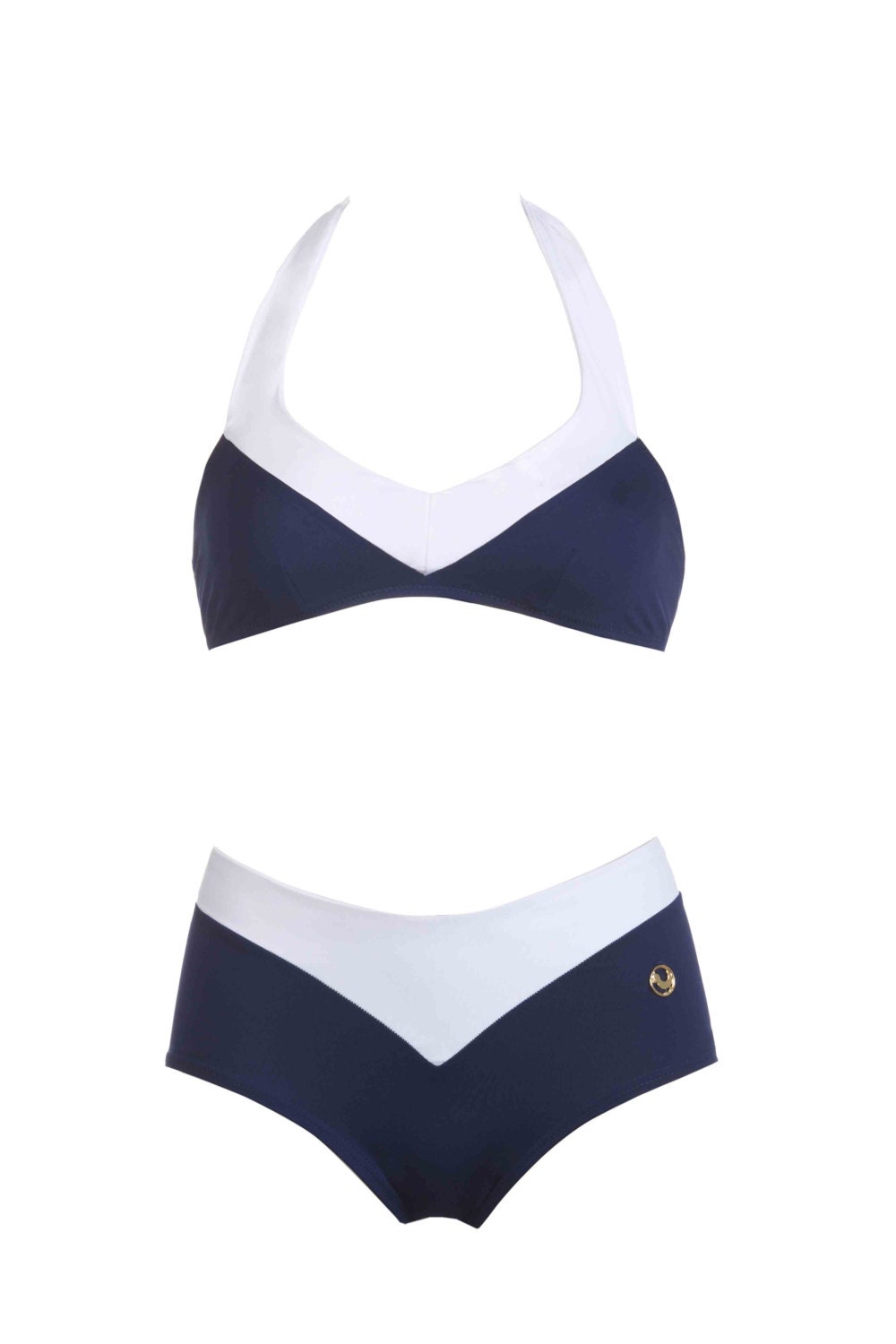 Navy Blue Halter Top Bikini Swimsuit / Halter Top and Mid Waisted Bottoms Bathing Suit