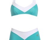 Bright Sea Blue Halter Top Bikini Swimsuit / Halter Top and Mid Waisted Bottoms Bathing Suit