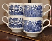 Set of 4 BLUE WILLOW Teacups/ Dainty Coffee or Tea Party/ Antique Kitchen. FOLK Boho Housewares/ Lovely Wedding or Housewarming Gift