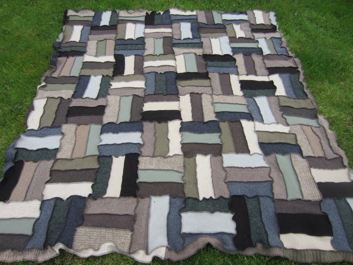 Extra Thick and Warm Wool Earthy Tones Double Blanket, Afghan Bedspread, Settee Throw made from brown, green and grey recycled knitwear.