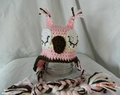 Pink and ivory sleepy owl crochet hat, sizes 0-6 months, 6-12 months, or 12-18 months. Newborn baby shower gift ideas photography prop