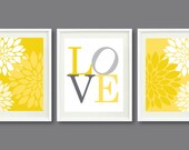 Three Print Set-Flowers-LOVE-Kids Room, Nursery, Home Decor-8x10-Mustard Yellow, Grey/Gray OR Choose Colors-Trio-3-Dorm, Teen, Abstract