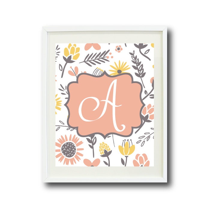 Monogram Initial Floral Art Print-8x10-Yellow, Grey, Light Pink, White, Coral-Flowers-Leaves-Letter A OR Personalize with your initial