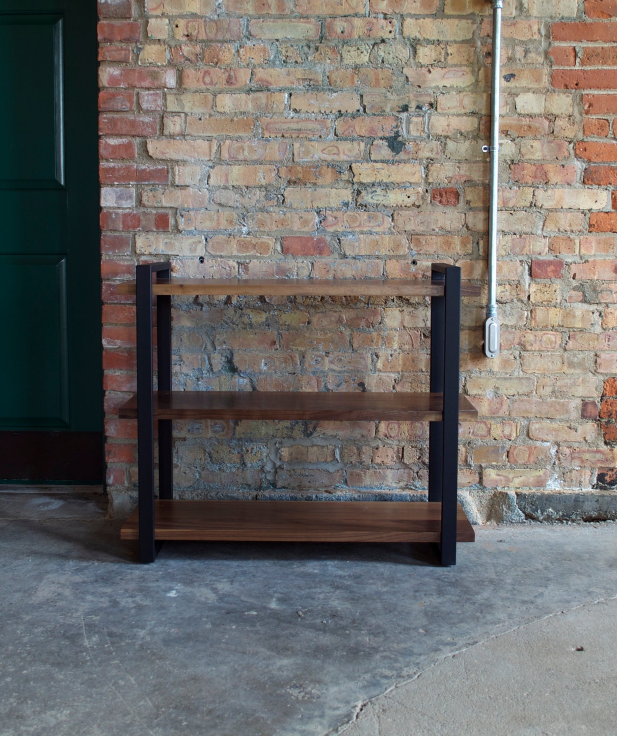 Walnut Mod 3 Tier Book Shelf - 12" deep x 36" wide / Shown in Black Frame and Solid Walnut Shelves