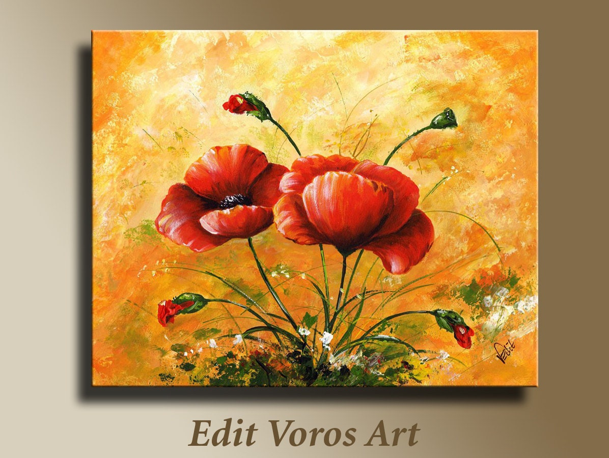 Original acrylic painting of red poppies  Framed  Wall hangings - EditVorosArt
