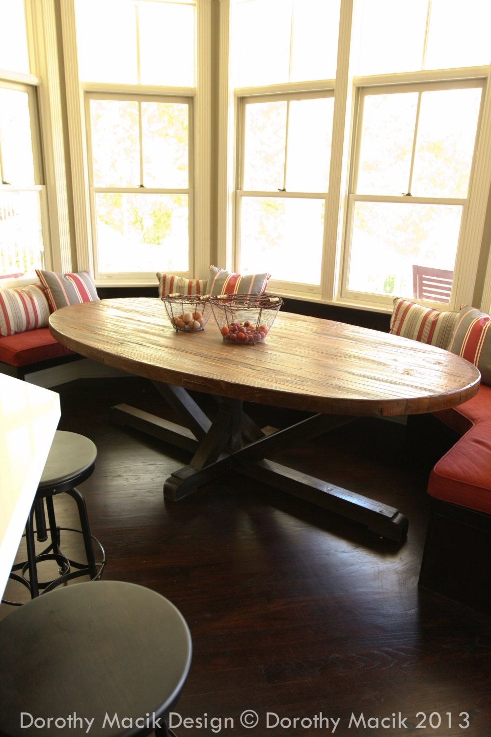 Custom Butcher Block Strip Oval Wood Dining Table from Reclaimed Wood