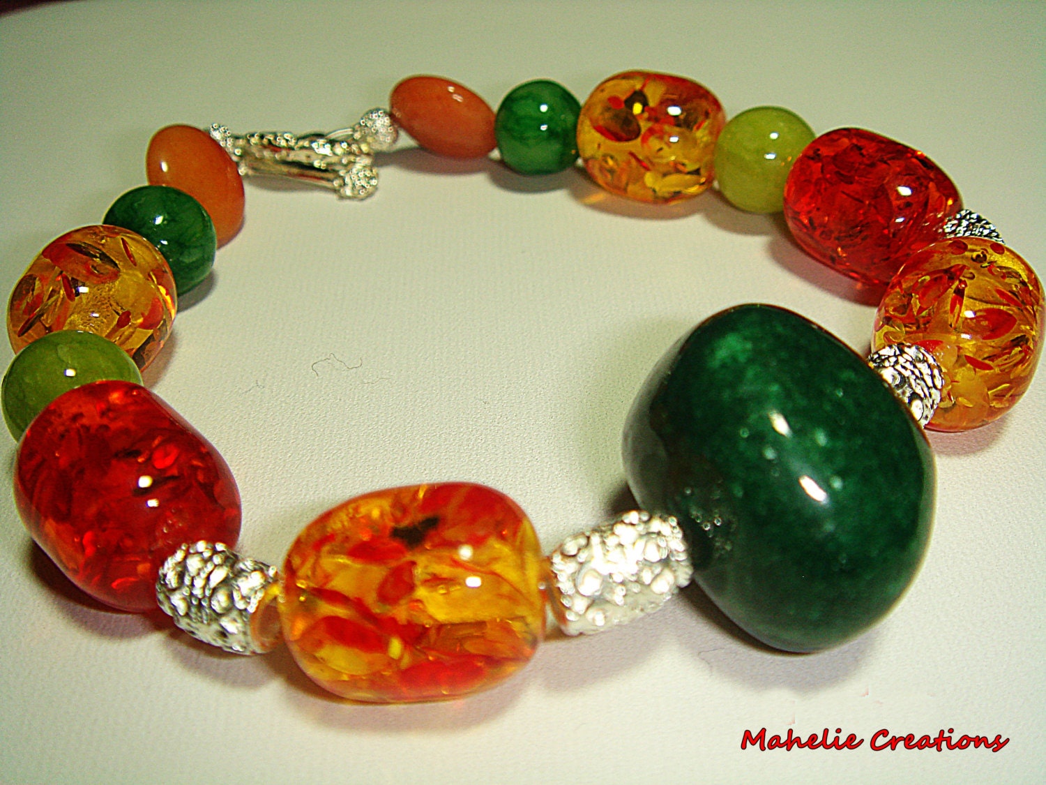 Multicolor bracelet, statement bracelet, chunky bracelet, multistone bracelet, affordable jewelry, colorful, green and orange bracelet,