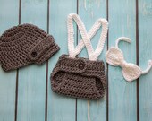 Crochet Newborn Baby Boy Photo Prop Set Grey Newsboy Hat Diaper Cover White Suspenders Bow Tie-MADE TO ORDER