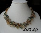 Color Of  Autumn, Genuine Rainbow Agate, Green Crystal Beads and Brass Wire Crochet Necklace And Wire-Wrapped Matching Earrings  Set