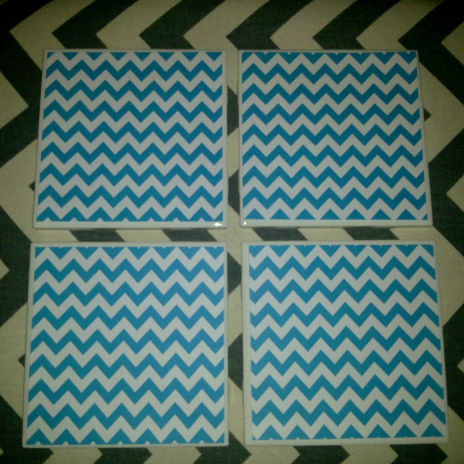 Set of 4 Coasters - Chevron - Teal - Ceramic